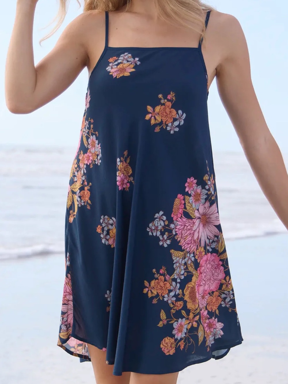 NWT NATURAL LIFE LG Navy Floral Spaghetti-Strap Slip Dress